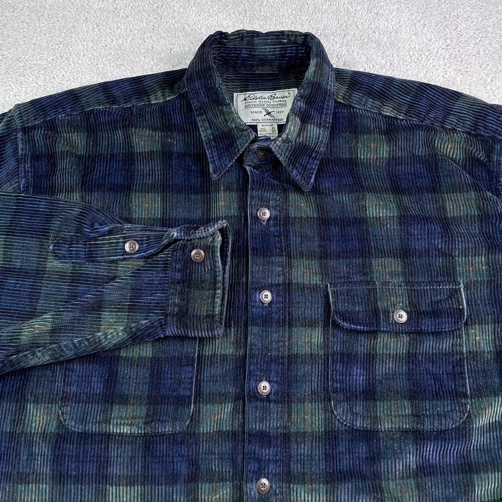 Vintage Eddie Bauer Shirt‎ Mens XL Blue Green Plaid Wide Wale Corduroy Button Up